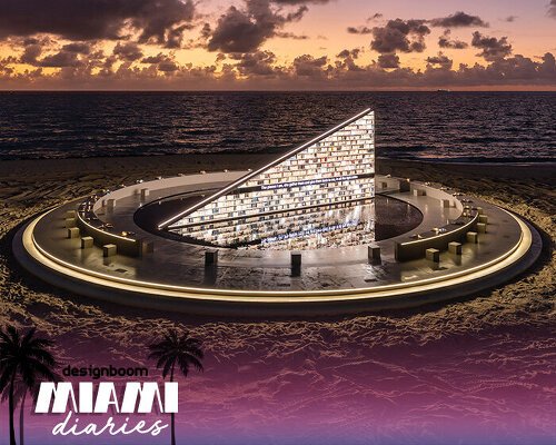 es devlin’s triangular bookshelf rotates within a mirrored pool for miami art week 2025